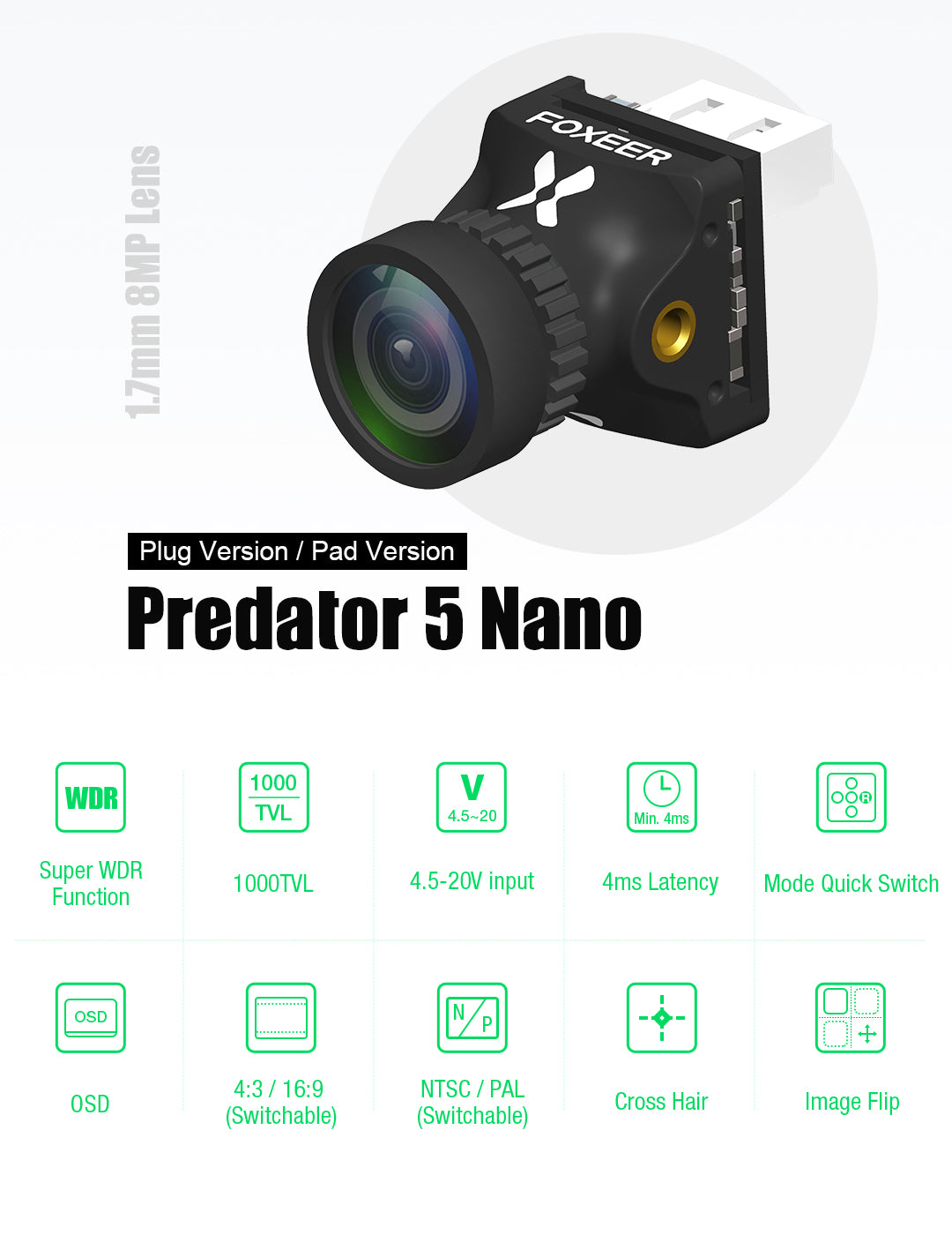 Foxeer Nano Predator 5 FPV Racing Camera: 4ms Latency, Super WDR, Flip