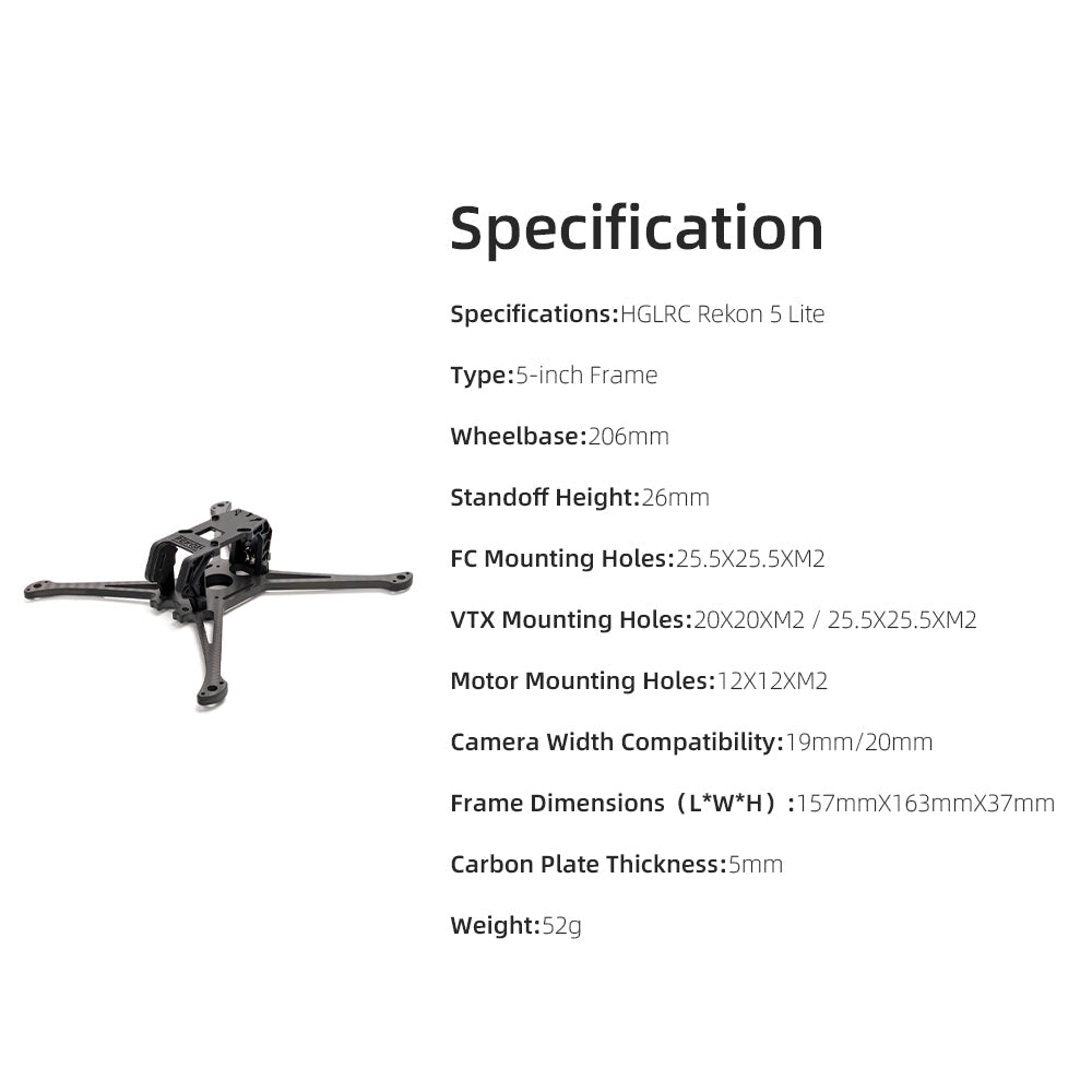 HGLRC Rekon 5 Lite FPV Drone Frame Kit - Durable Carbon Fiber Freestyle