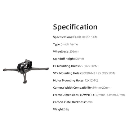 HGLRC Rekon 5 Lite FPV Drone Frame Kit - Durable Carbon Fiber Freestyle