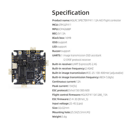 HGLRC SPECTER F411 12A AIO FPV Drone Flight Controller ESC Board